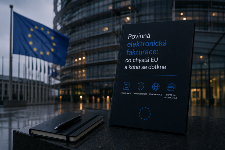 Vlajka Evropské unie před budovou a tabule s informací o povinné elektronické fakturaci