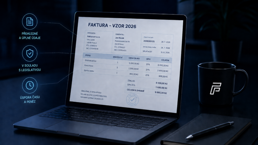 Notebook na stole zobrazující vzor faktury s položkami, sazbou DPH a celkovou částkou
