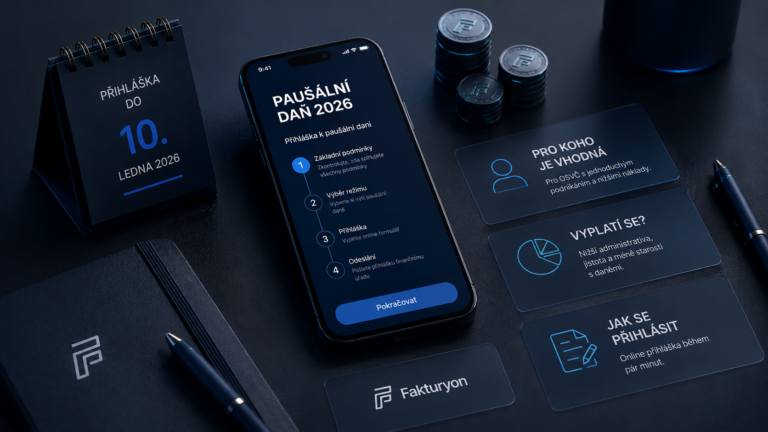 Mobil s přihláškou k paušální dani v aplikaci Fakturyon, vedle stolní kalendář s termínem 10. ledna